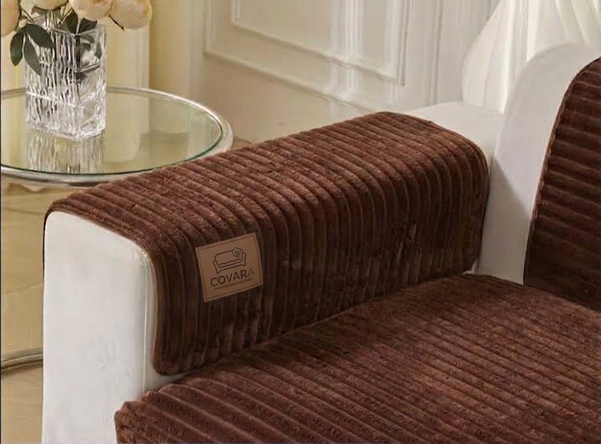 Covara Armrest Guard in dark coffee ribbed fabric on a white sofa